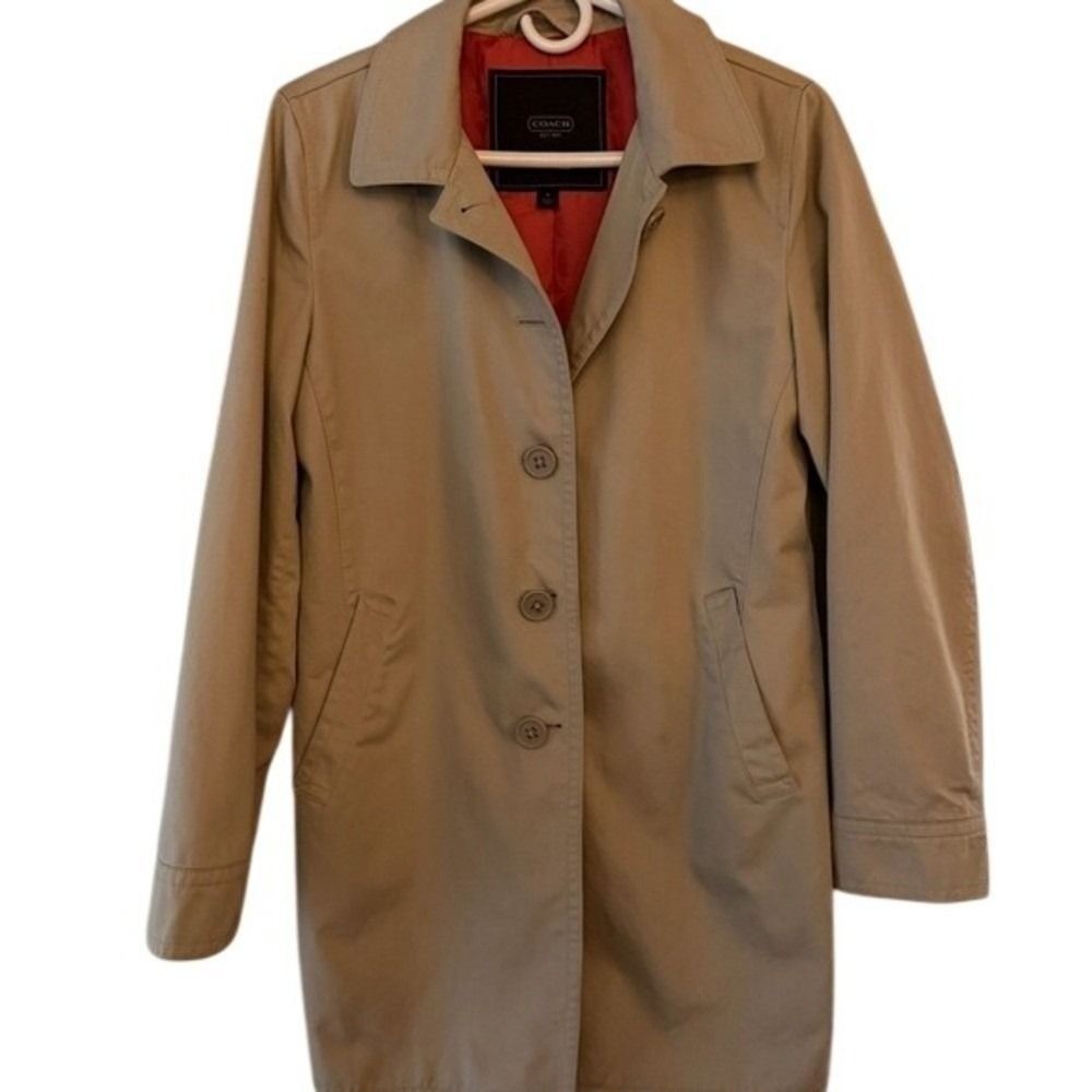 Coach Womens Tan Khaki Trench Coat Monogram Lining Button Front Jacket Size M